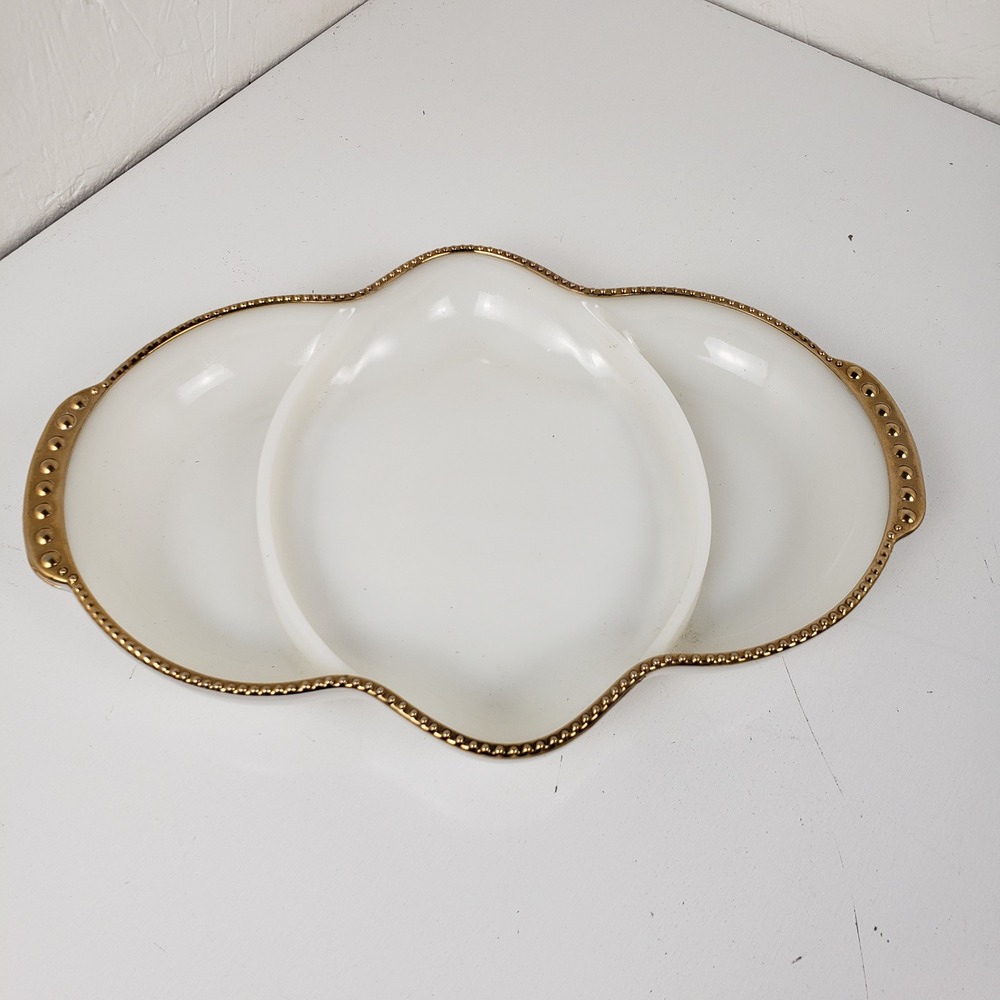 Vintage Fire-King Milk Glass Relish Dish Gold Beaded Trim 3 Compartment Tray USA